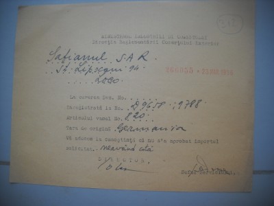HOPCT DOCUMENT VECHI 312 MINISTERUL INDUSTRIEI COMERT EXTERIOR /BUCURESTI 1936 foto