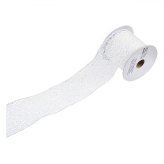 Panglică Decorativă Brad de Crăciun, Plasă, Lungime 5m, Lățime 63mm, Glitter Irizat, S&acirc;rmă, Alb