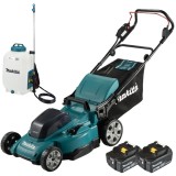 Makita DLM480CT2 + DUS158Z - Masina de tuns iarba cu 2 acumulatori Li-Ion 18 V 5 Ah 48 cm 62 l + Pulverizator 5 bar 15 l