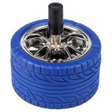 Scrumiera metalica Pufo Angry Wheel, antivant cu buton, 10 cm, albastru/ argintiu