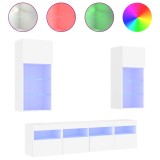 Cumpara ieftin Unitati de perete TV cu LED-uri, 5 piese, alb, lemn prelucrat
