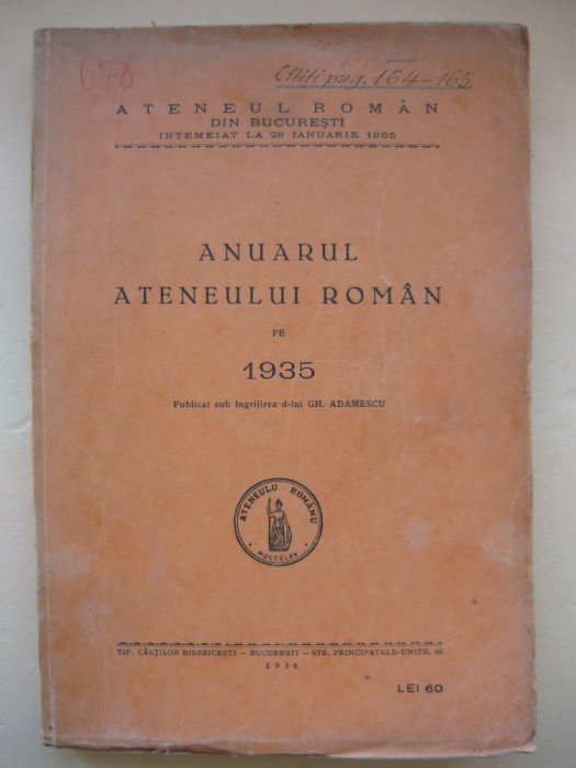 ANUARUL ATENEULUI ROMAN - 1935