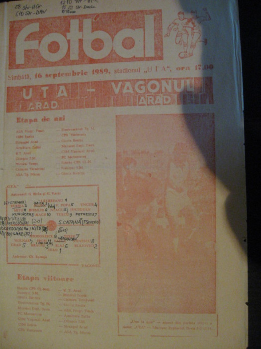 Program de meci UTA - Vagonul Arad (16 septembrie 1989)