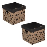Set 2 Cutii de Depozitare din Carton Pliabile cu Capac si Manere, Bej cu Buline Negre, 25x26x24 cm, CMCLASS
