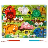 Joc montessori de sortare culori, flippy, creion magnetic, tip labirint ilustrat, din lemn, model ferma, 39x29x1.5 cm