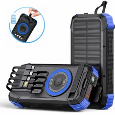 Baterie externa solara 20000mAh Linomag&reg;, Incarcare rapida PD 22.5W, Incarcare wireless 5W, 5 metode de incarcare, 4 cabluri integrate, 3 porturi, Man