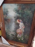 Pictura in ulei lucrare deosebita semnata &icirc;ncadrată &icirc;ntr-o ramă foarte lata in stilul Baroc, Portrete, Realism