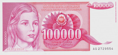 Bancnota Iugoslavia 100.000 Dinari 1989 - P97 UNC foto