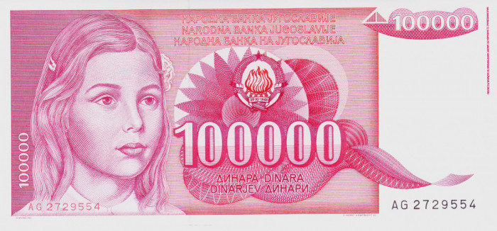 Bancnota Iugoslavia 100.000 Dinari 1989 - P97 UNC