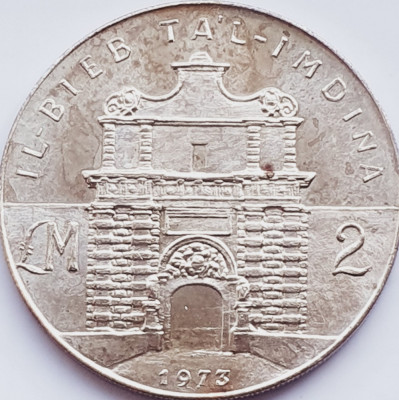 603 Malta 2 Liri 1973 Ta&amp;#039;l-Imdina Gate km 20 argint foto