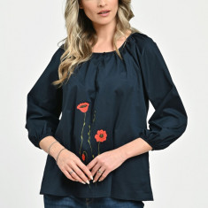 Bluza Dama cu Maneca 3 sferturi, bleumarin cu pictura manuala - XL