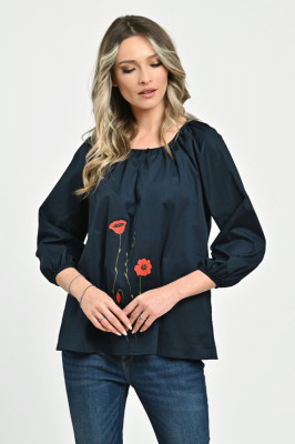 Bluza Dama cu Maneca 3 sferturi, bleumarin cu pictura manuala - XL foto