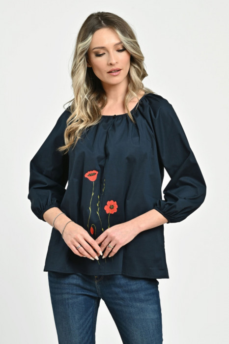 Bluza Dama cu Maneca 3 sferturi, bleumarin cu pictura manuala - XL