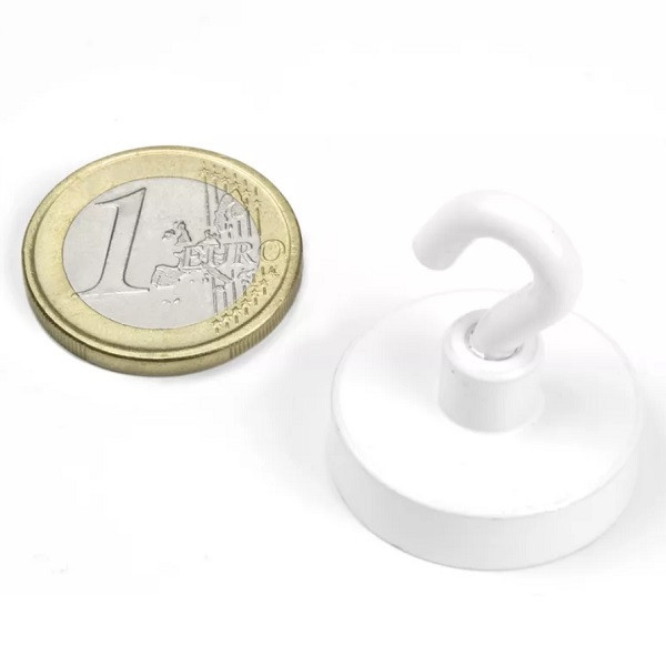 Magnet neodim oala &Oslash;25,3 mm, cu carlig alb, putere 16 kg