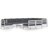 Set mobilier gradina cu perne, 11 piese, alb, lemn masiv pin