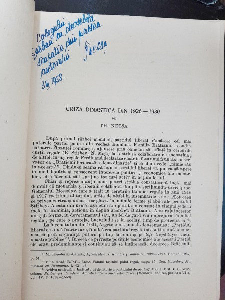Criza dinastica din 1926-1930 - Th. Necsa cu dedicatie