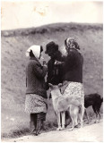 Foto mari dimensiuni A4 personaje/romi cu caini, fara datare, fara identificare, Alb-Negru, Romania de la 1950, Natura