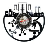 Ceas de perete decorativ realizat din disc de vinil, Model Laborator de Chimie si Microscop, Structuri Moleculare, Negru, 30 cm