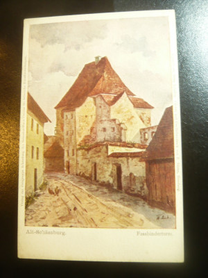 Ilustrata Sighisoara veche- Turnul Dogarilor -dupa pictura , interbelica foto