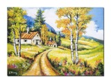 Cumpara ieftin Tablou peisaj cu case taranesti pictat manual, Colt de rai, 70x50cm ulei pe panza, Constantin Feraru