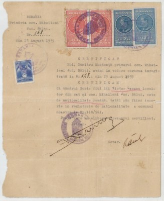 Romania, Primaria comunei, Certificat, Mihaileni, 1939 foto