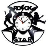 Ceas de Perete Decorativ &ldquo;Rock Star Energy&rdquo;, din Disc Vinil Reciclat, Design Muzică Rock și Chitarist, Negru, Mecanism Silențios (Sweep)