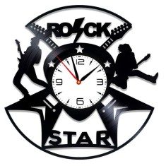 Ceas de Perete Decorativ &ldquo;Rock Star Energy&rdquo;, din Disc Vinil Reciclat, Design Muzică Rock și Chitarist, Negru, Mecanism Silențios (Sweep)