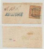 MOLDOVA 1859 timbru Cap de Bour 80 parale pe hartie galbuie expertizat pe fragment cu stampila figurativă FRANCO BACEU, din Bacău