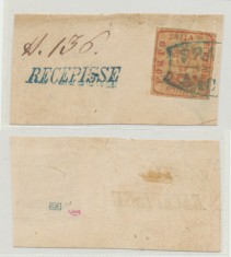 MOLDOVA 1859 timbru Cap de Bour 80 parale pe hartie galbuie expertizat pe fragment cu stampila figurativă FRANCO BACEU, din Bacău