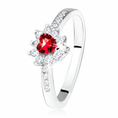 Inel cu inimă simetrică din zirconiu, ştras roşu, argint 925 - Marime inel: 60 foto