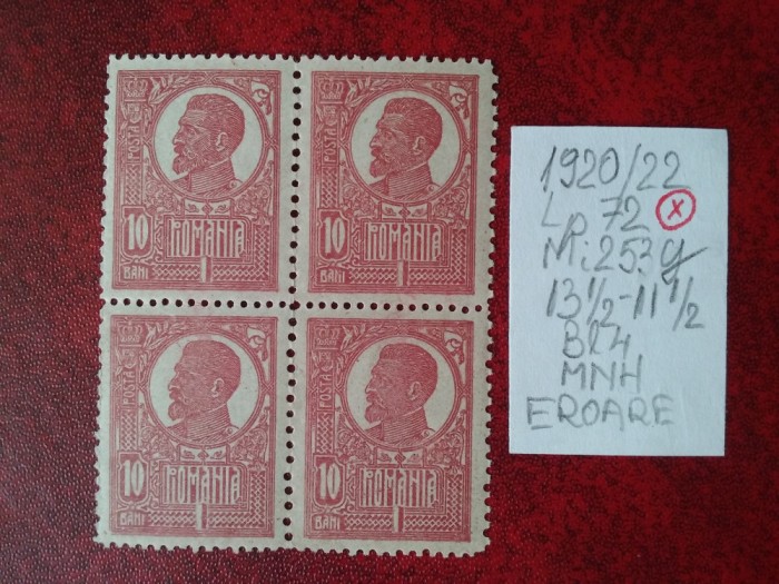 1920 Romania- Ferd. b. mare Mi253y-bl4.-MNH-EROARE-punct dupa P dinPOSTA stg.jos