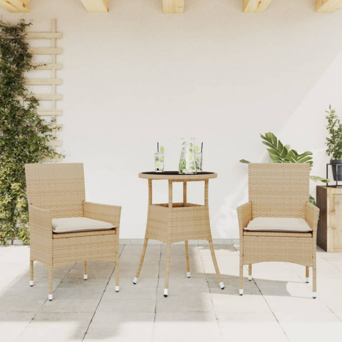 vidaXL Set mobilier de grădină cu perne 3 piese bej poliratan &amp; sticlă