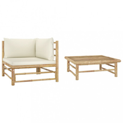 Set mobilier de grădină, 2 piese, perne alb crem, bambus foto