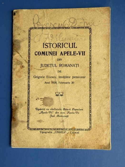 Istoricul Comunei Apele Vii Romanati 1930 - Tiparita Caracal - Dolj