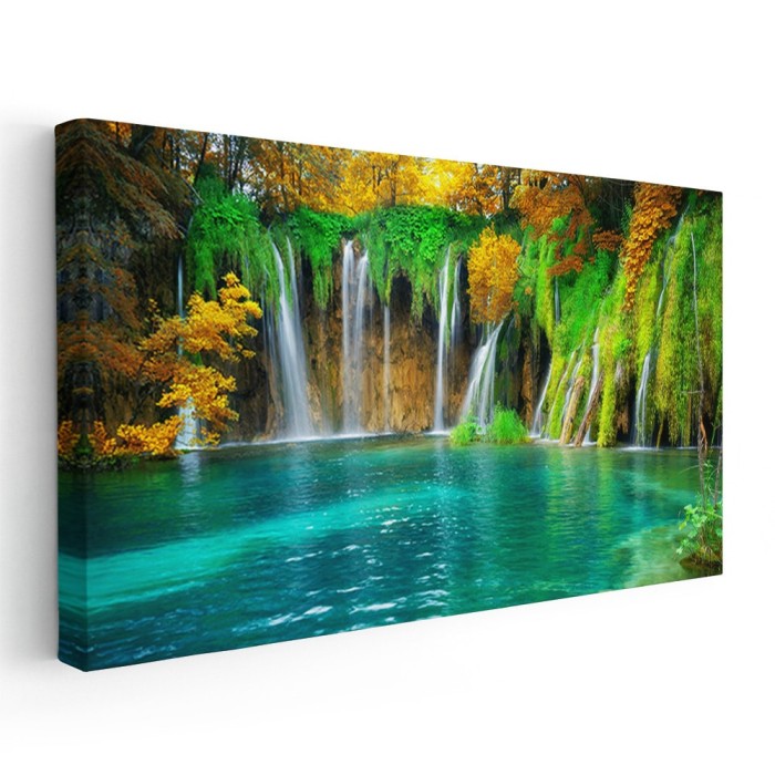 Tablou peisaj cascade, Lacurile Plitvice, Croatia, albastru 1798 Tablou canvas pe panza CU RAMA 70x140 cm