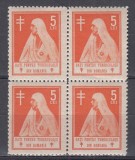 ROMANIA 1928 ASISTENTA SOCIALA REGINA MARIA DATI PENTRU TUBERCULOSII DIN ROMANIA TIMBRE FISCALE 5 LEI PORTOCALIU BLOC DE 4 TIMBRE STARE MNH