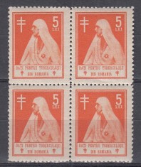 ROMANIA 1928 ASISTENTA SOCIALA REGINA MARIA DATI PENTRU TUBERCULOSII DIN ROMANIA TIMBRE FISCALE 5 LEI PORTOCALIU BLOC DE 4 TIMBRE STARE MNH