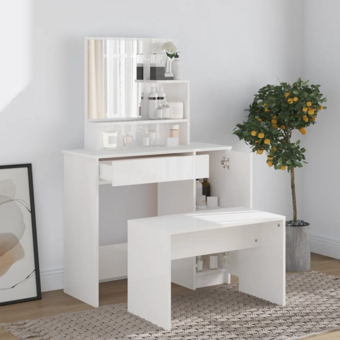Set măsuță de toaletă, alb extralucios, 86,5x35x136 cm