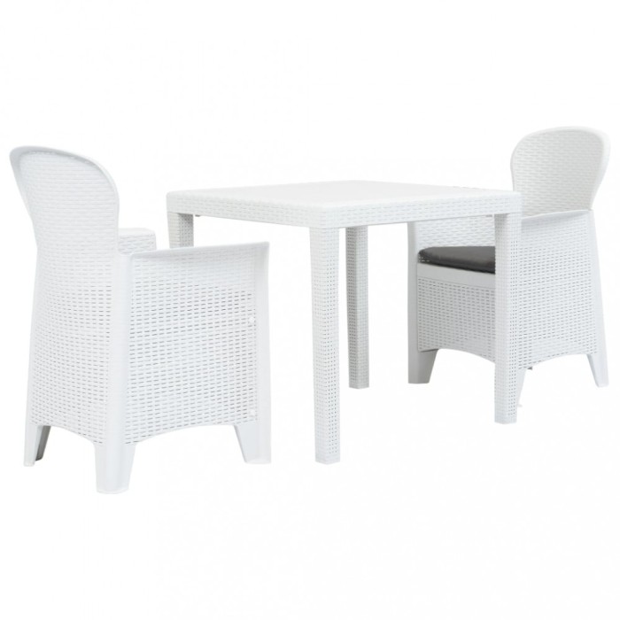 vidaXL Set mobilier bistro, 3 piese, alb, plastic, aspect ratan