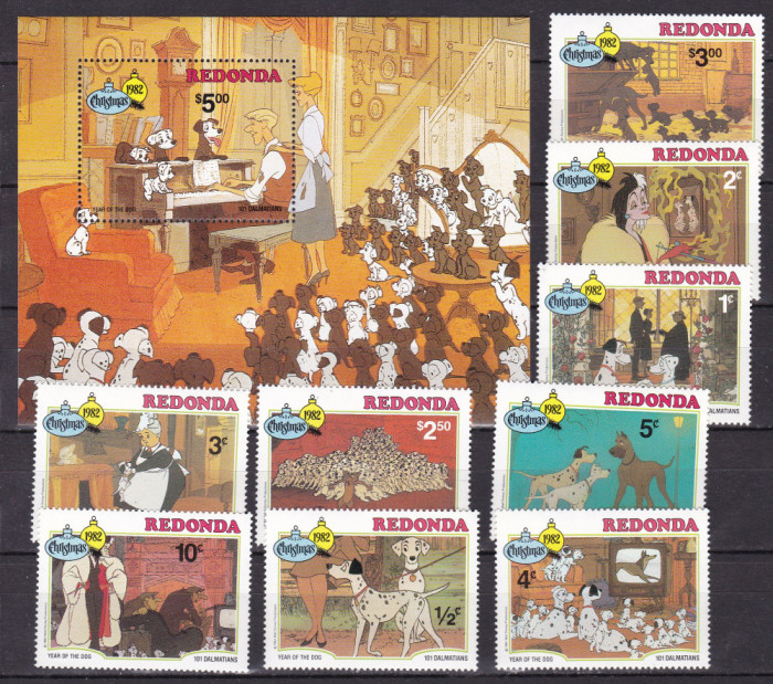 Redonda 1982 Disney 101 dalmatieni serie + bloc MNH