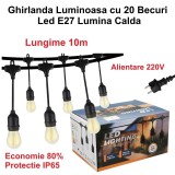 Ghirlanda Luminoasa 10 metri cu 20 Becuri Led E27 Lumina Calda, Alimentare 220V