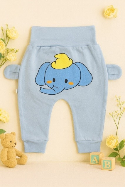 Pantaloni bleu bebe cu imprimeu vesel si urechi aplicate &ndash; model confortabil