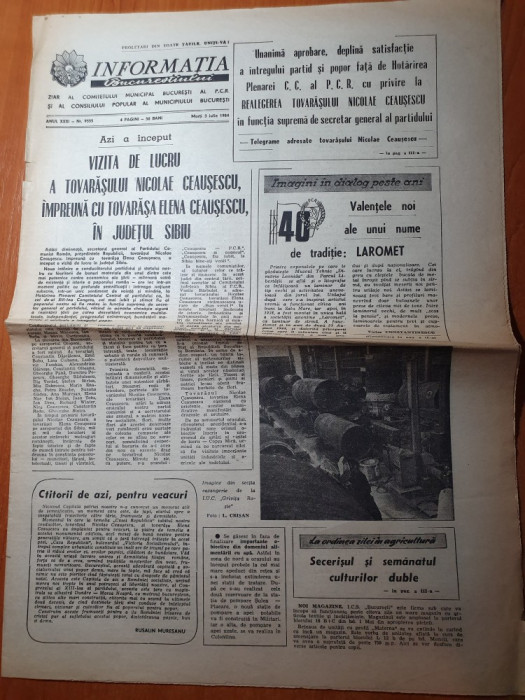 informatia bucurestiului 3 iulie 1984-vizita lui ceausescu in sibiu,laromet