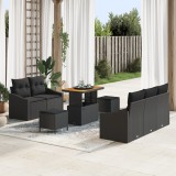 Set de 8 piese de sofa pentru gradina cu perne negru ratan poliesteric acacia, sofa de gradina cu 2 locuri si spatiu de depozitare &amp; perne negru ratan