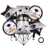 Baloane cu tematica absolvire, flippy, set din 5 baloane, 1 figurina diploma, 2 stele, 2 rotunde, din folie de aluminiu, 70 x 40 cm, aer si heliu, alb
