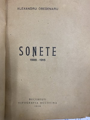 1916 Alexandru Obe&amp;shy;denaru Sonete (1888-1916) Tipografia Bucovina, desen Paciurea foto