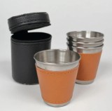 Cumpara ieftin Set 4 Pahare Inox 50ml cu Husa Piele, Portabile, Drumetii, Camping