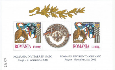 Romania, LP 1598b/2002, Romania invitata in NATO, bloc de 2 marci si 1 vin., MNH foto