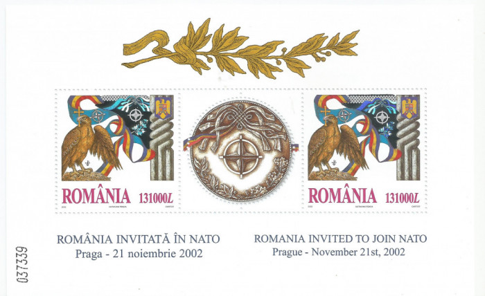 Romania, LP 1598b/2002, Romania invitata in NATO, bloc de 2 marci si 1 vin., MNH