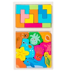 Puzzle montessori din lemn pentru copii, flippy, tip tetris 2in1 +3 ani, cu animale marine colorate 3d, educativ, intuitiv, creativ, 21 de piese, 28.5